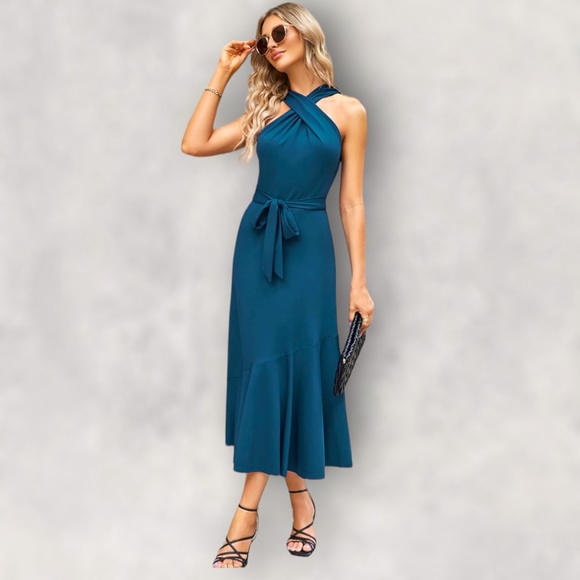 JASAMBAC Dresses & Skirts - JASAMBAC Midi Criss Cross Halter Neck Sleeveless Ruffle Hem Dress with Belt